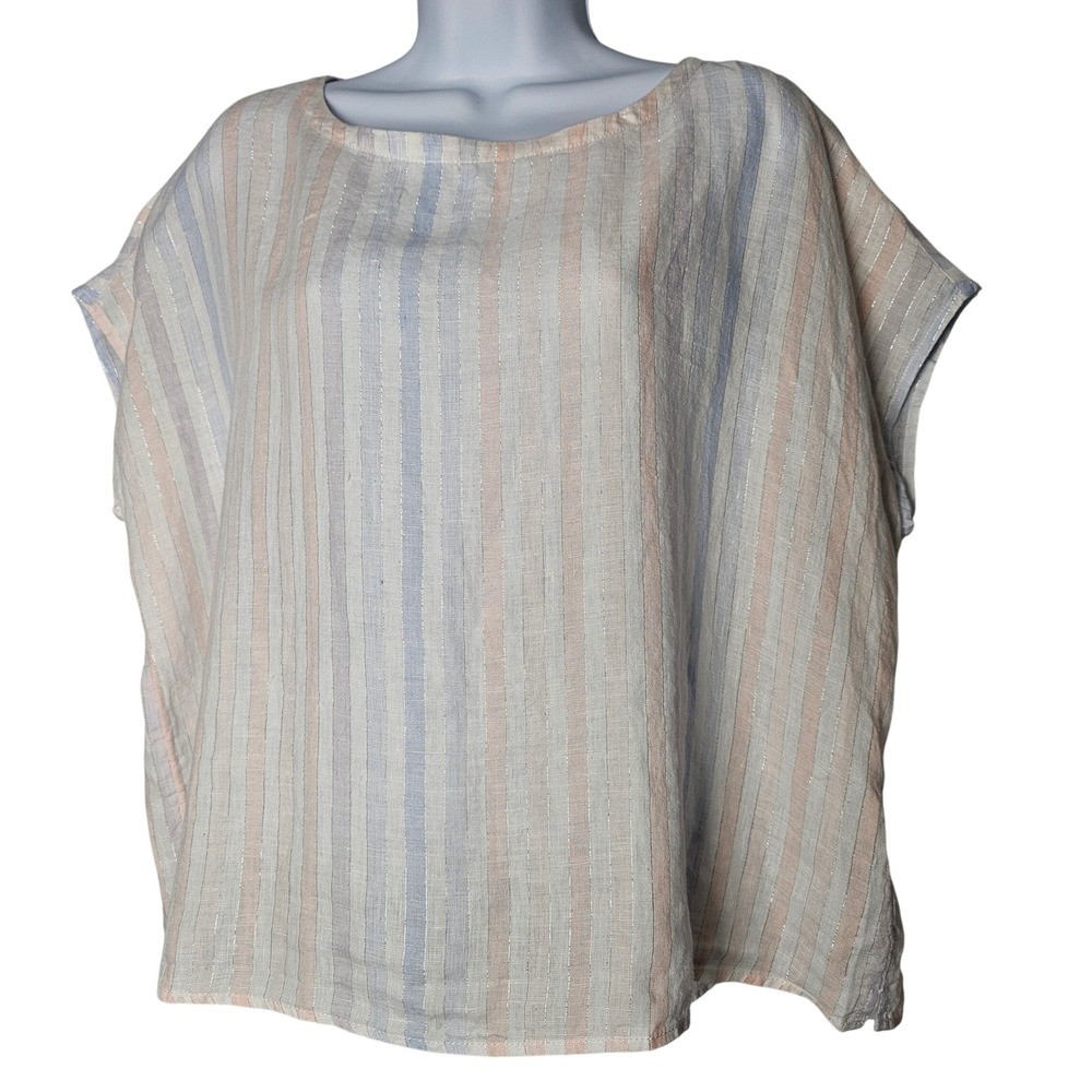 C&C California Womens Linen Blend Striped Button Back‎ Top Metallic M Boxy Boho